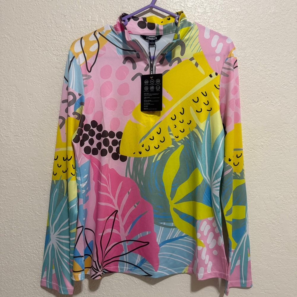 ACEGOLFS Women's S Tropical Leaf Print‎ Quarter Zip Long Sleeve Top NWT